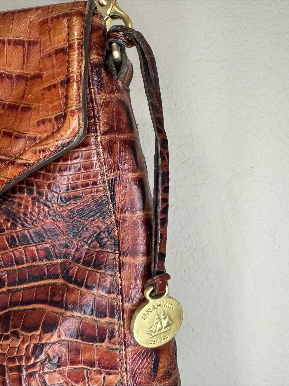 BRAHMIN | Cognac Croc-Embossed Leather Satchel with Gold Hardware